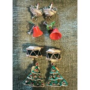 Clip On Earrings Christmas Tree Candles Bells Drum Silver Gold Plate Lot 4 Pairs